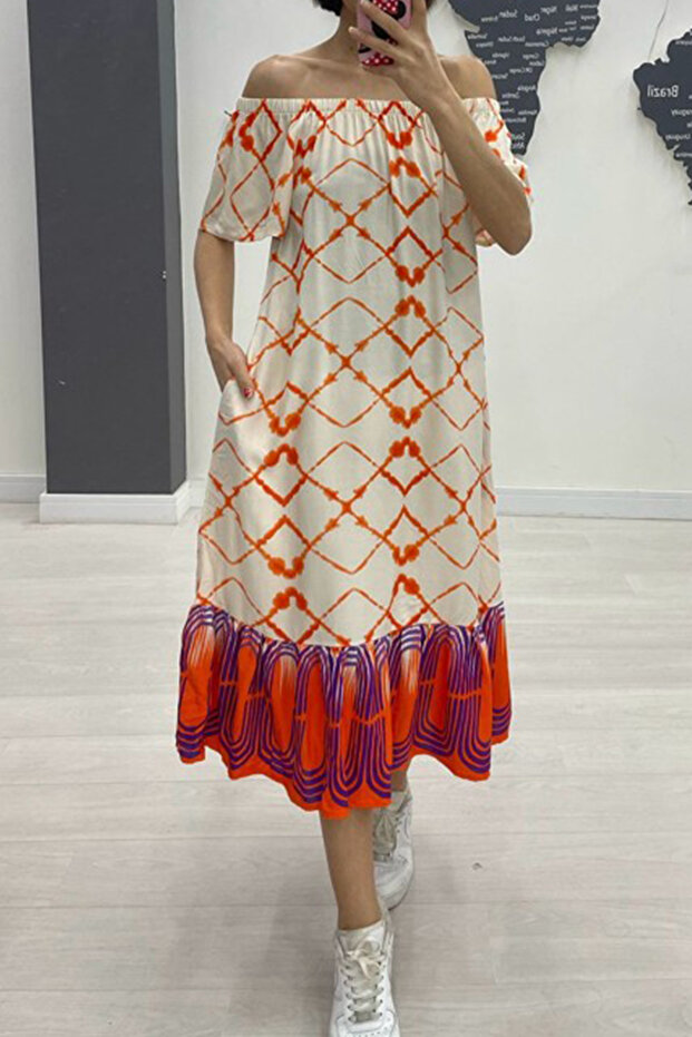 Women's Orange Madonna Collar Patterned Short Sleeve Loose Dress with Side Pockets