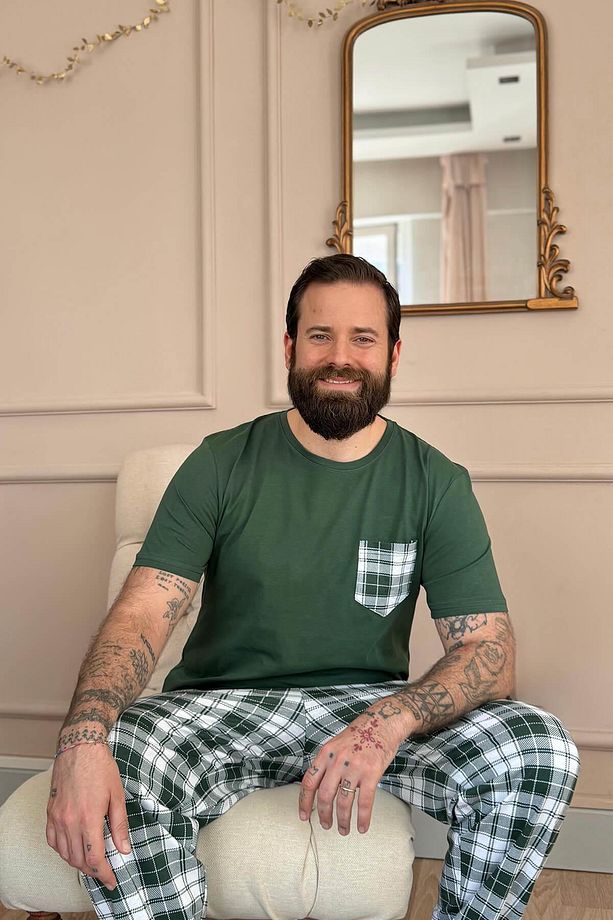 Zümrüt Ekose Cep Detay Kısa Kollu Erkek Pijama Takımı - 4
