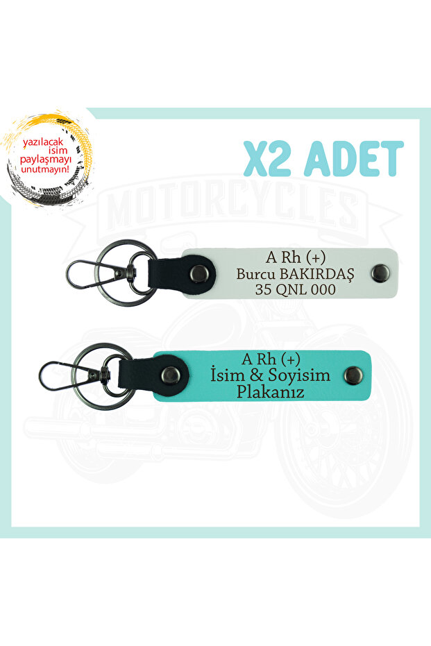 For Motorcycle Lovers, Special Design 2-Key Chain with Name Plate and Blood Group Written, White-Turquoise