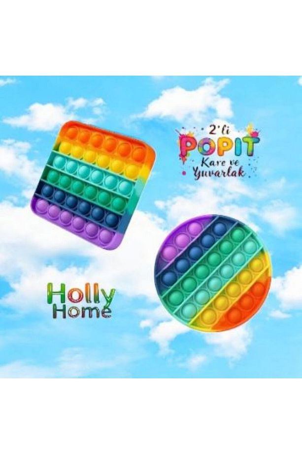 2'li Pop It Kare- Yuvarlak Şekilli Gökkuşağı Renk Duyusal Oyuncak Zihinsel Gelişim Stres Popit 2 Ad - 1