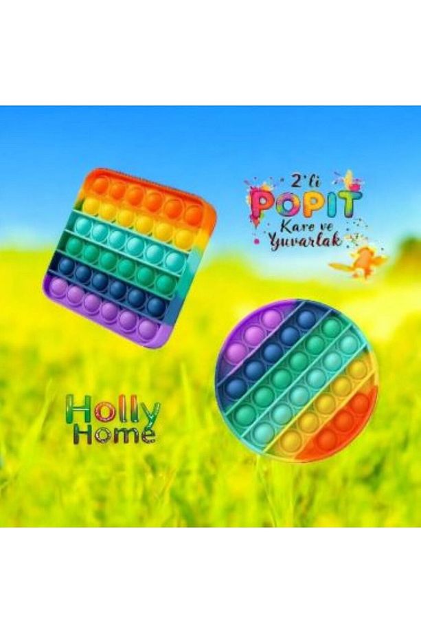 2'li Pop It Kare- Yuvarlak Şekilli Gökkuşağı Renk Duyusal Oyuncak Zihinsel Gelişim Stres Popit 2 Ad - 2