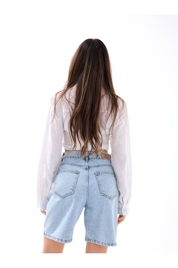 Yüksek Bel Açık Mavi Mom Fit Denim Şort - 4