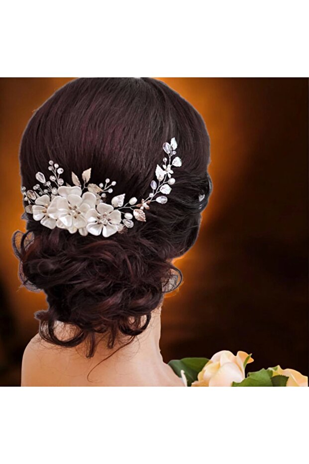 White Mother of Pearl Floral Crystal Stone Pearl Bridal Crown Silver - Wedding Crown Engagement Wedding Promise Accessory Clasp