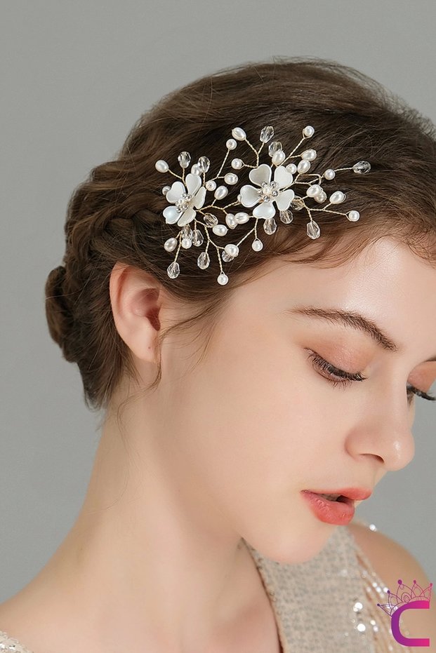 Elegant Pearls Floral Print Bridal Crown - Hairpin Buckle Gold, Wedding Engagement Wedding Promise Accessory Set of 2