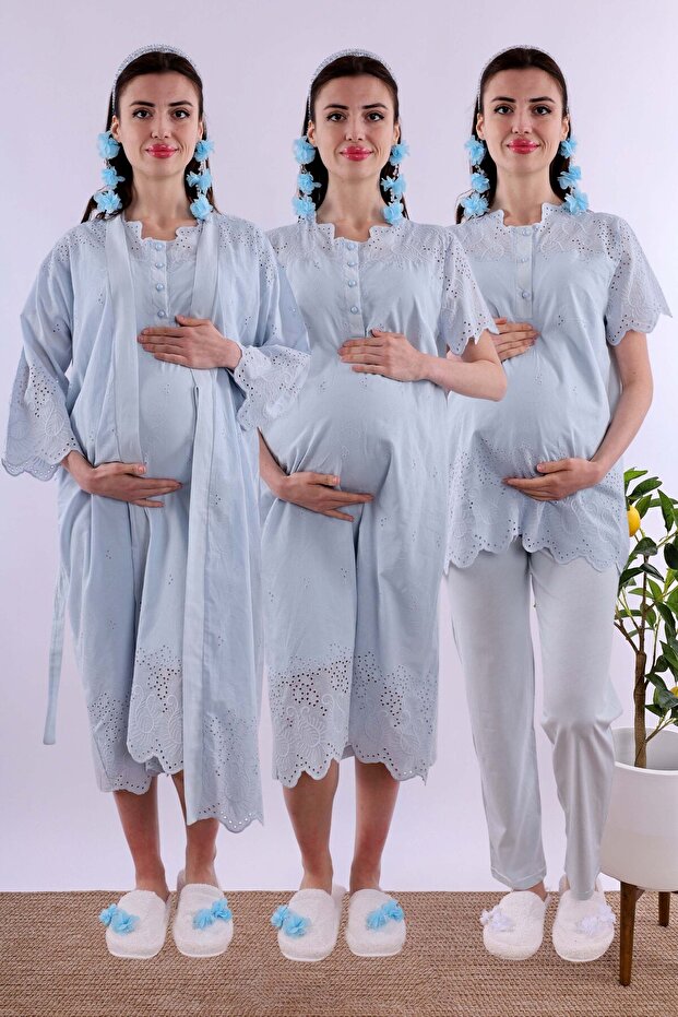 Scalloped Fabric Maternity Set with Breastfeeding Features, 4 Pieces Effortt - Blue
