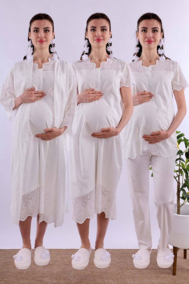 Scalloped Fabric Maternity Set with Breastfeeding Features, 4 Pieces Effortt - Ecru