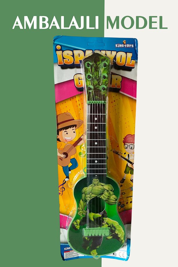 48 cm Oyuncak İspanyol Gitar - 6 Telli Yeşil Karakterli İspanyol Çocuk Gitarı Askı Aparatı Hediye - 4
