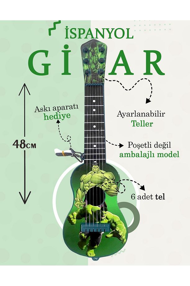 48 cm Oyuncak İspanyol Gitar - 6 Telli Yeşil Karakterli İspanyol Çocuk Gitarı Askı Aparatı Hediye - 1