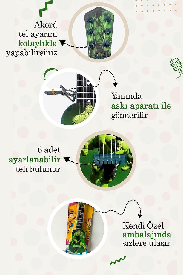 48 cm Oyuncak İspanyol Gitar - 6 Telli Yeşil Karakterli İspanyol Çocuk Gitarı Askı Aparatı Hediye - 2