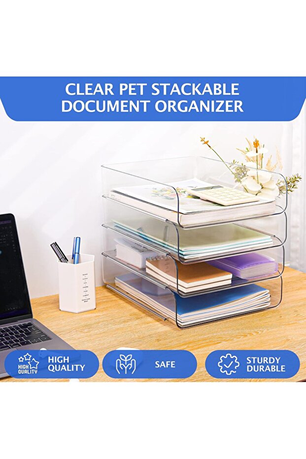 4-pack desktop file storage box, transparent PET, large capacity, stackable, for storing stationery - 5