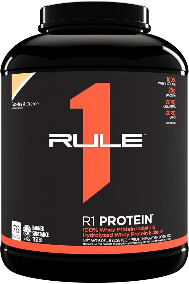 Rule1 Whey Protein Powder - Cookies & Cream, 100% Whey Isolate & Hydrolysate, 25g Protein, 76 Servin