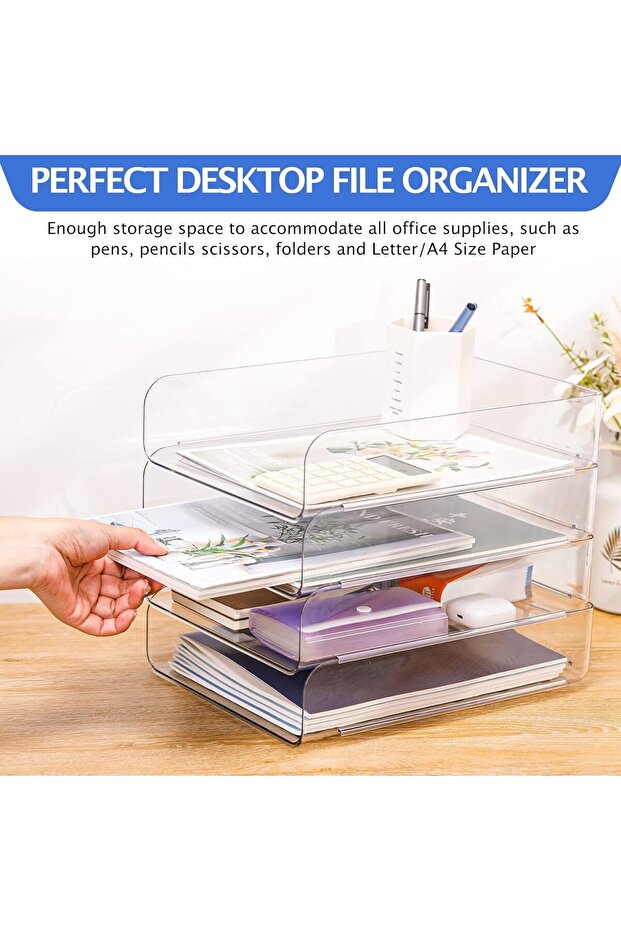4-pack desktop file storage box, transparent PET, large capacity, stackable, for storing stationery - 2