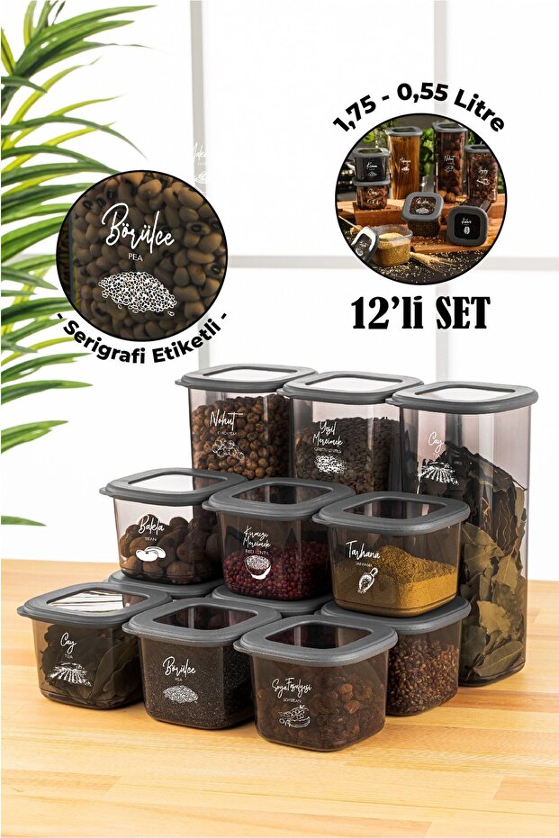 12-Piece Foil Square Food Storage Container with Screen Printing Label 9x (0,55 Liters) 3x (1.75 Liters) Anthracite