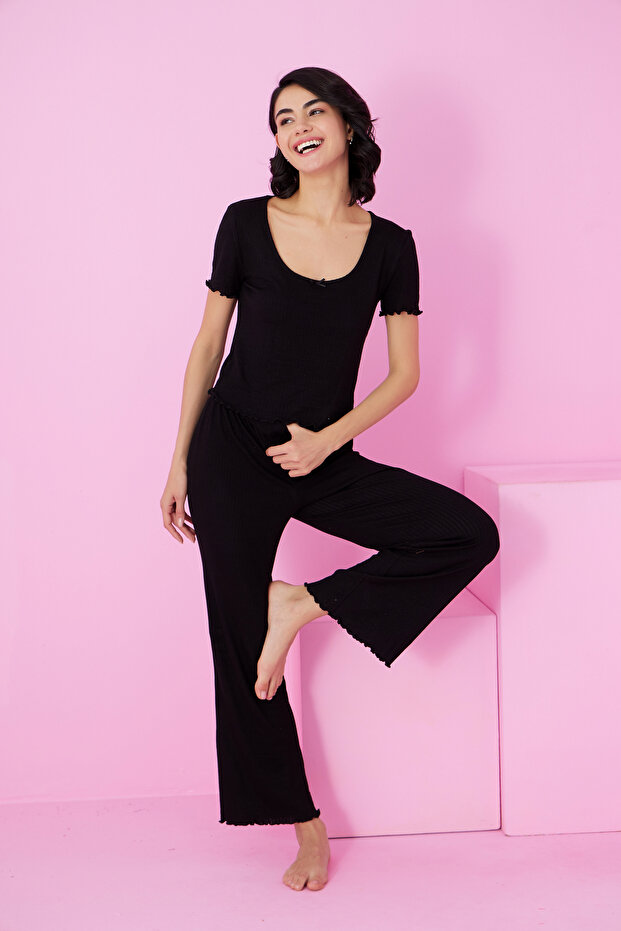 siyah Soft Touch İnce Mevsimlik Örme Pijama Takım7869 - 2