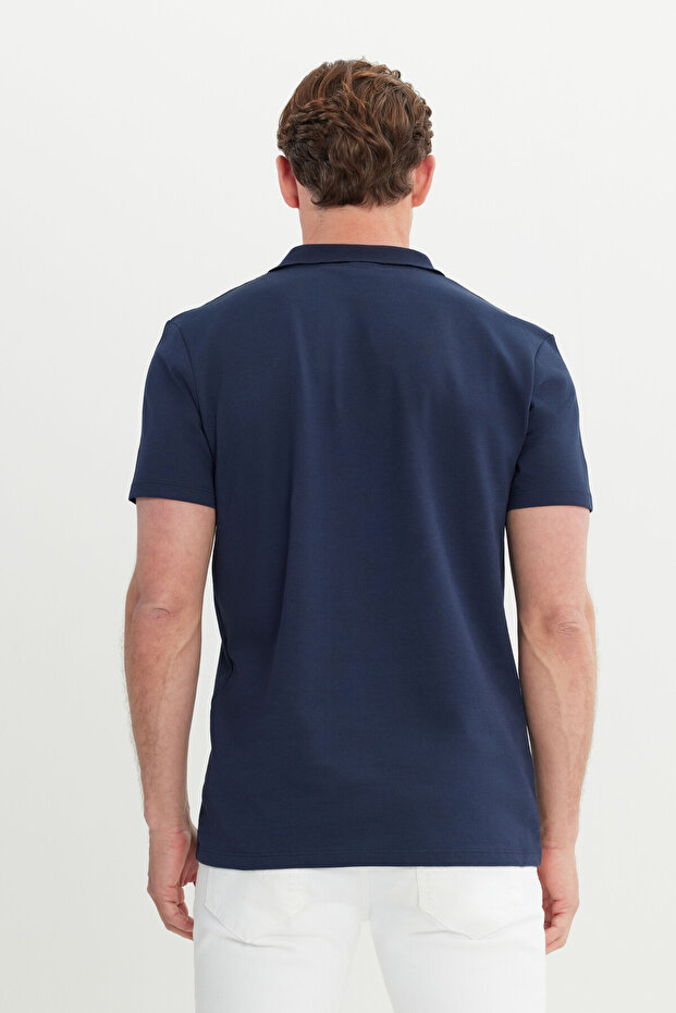 Erkek Lacivert Pamuklu Slim Fit Dar Kesim Polo Yaka Tişört - 5