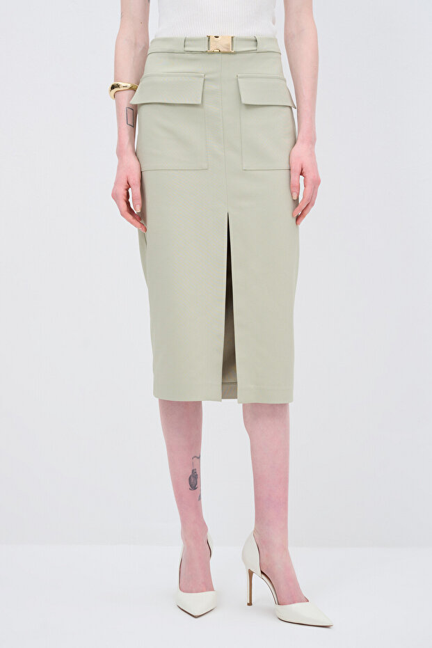 Yırtmaçlı Cepli Midi Boy Etek - 2