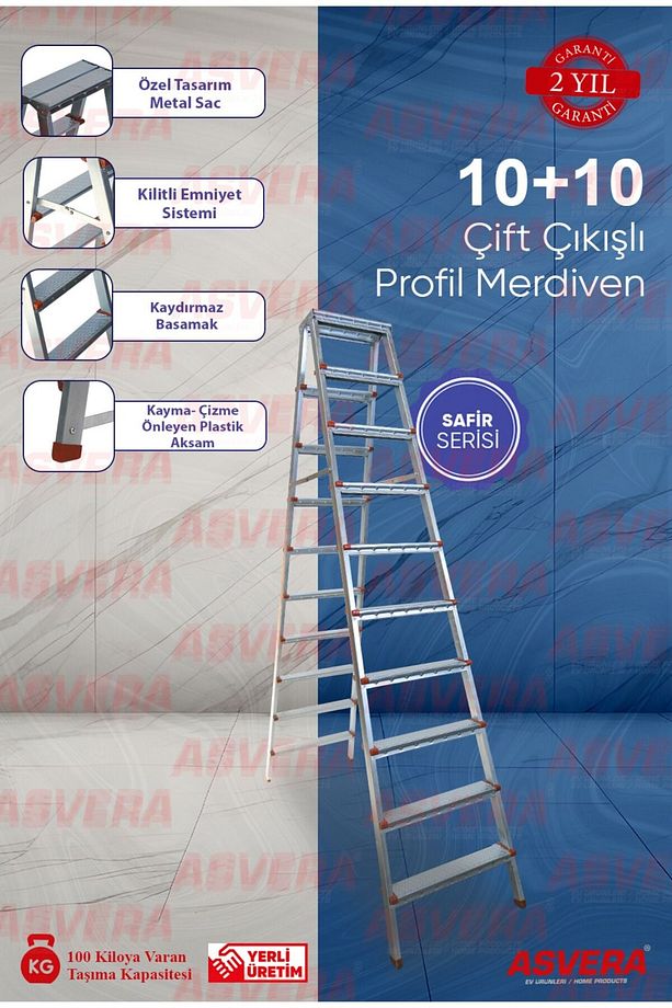 Safir Serisi -10 10 Basamaklı Çift Çıkışlı Galvanizli Profil Merdiven (EV, BAHÇE, IŞYERİ IÇİN UYGUN) - 1