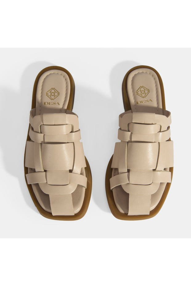 Kadın Krem Deri Terlik - 6