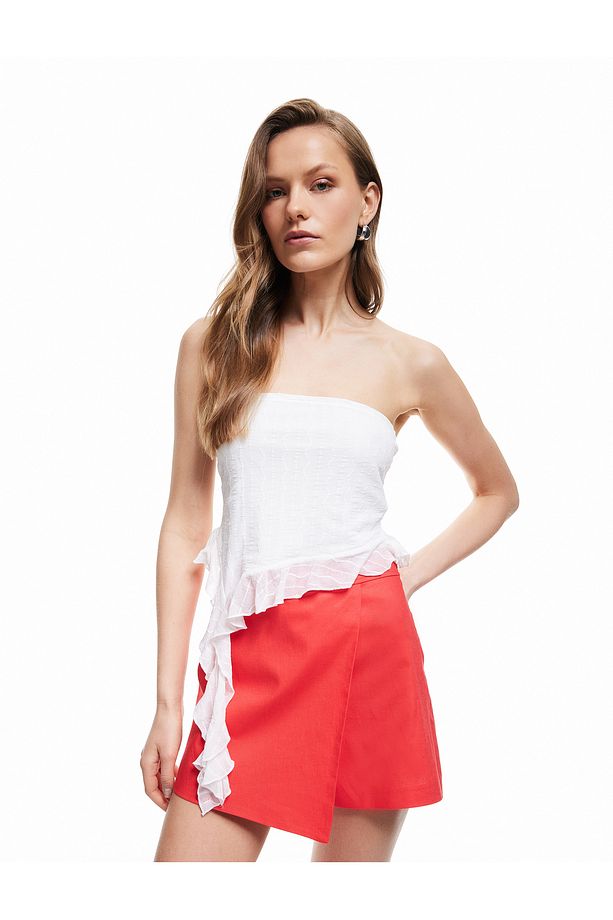 Regular Fit Kruvaze Mini Keten Şort Etek - 1