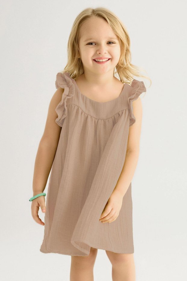 Square Collar Short Sleeve Wide Shirred Beige Color Girl's Dress