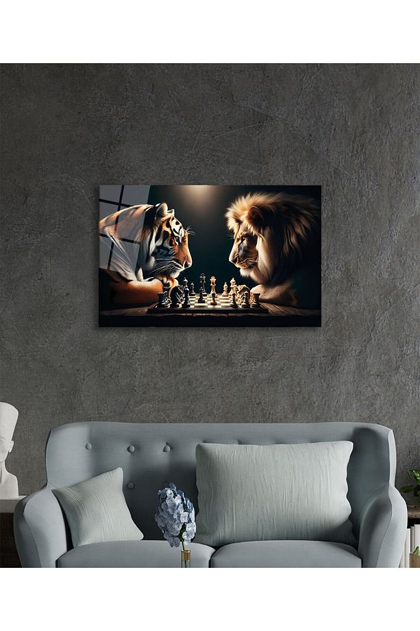 Satranç Ustaları Kaplan vs Aslan Cam Tablo Yapay Zeka Hediyelik Büyük Tablo Ev Ofis Dekoru - 3