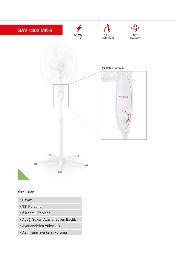Simtaş SAV 1802 MK 18" Vantilatör 65W, 3 Hız Kademeli, Salınımlı - 1