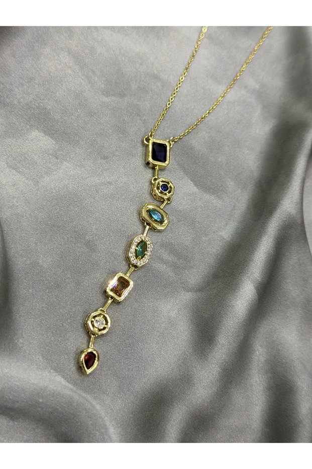 Steel Y Necklace with Colorful Stone