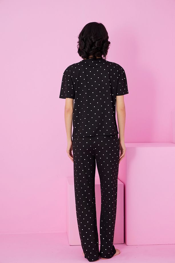 siyah kalp Varak Baskılı Örme Pijama Takım7845 - 3