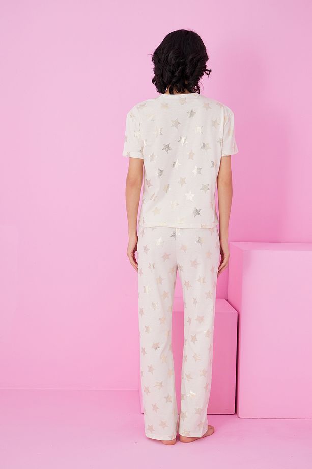 ekru yıldız Varak Baskılı Örme Pijama Takım7845 - 3