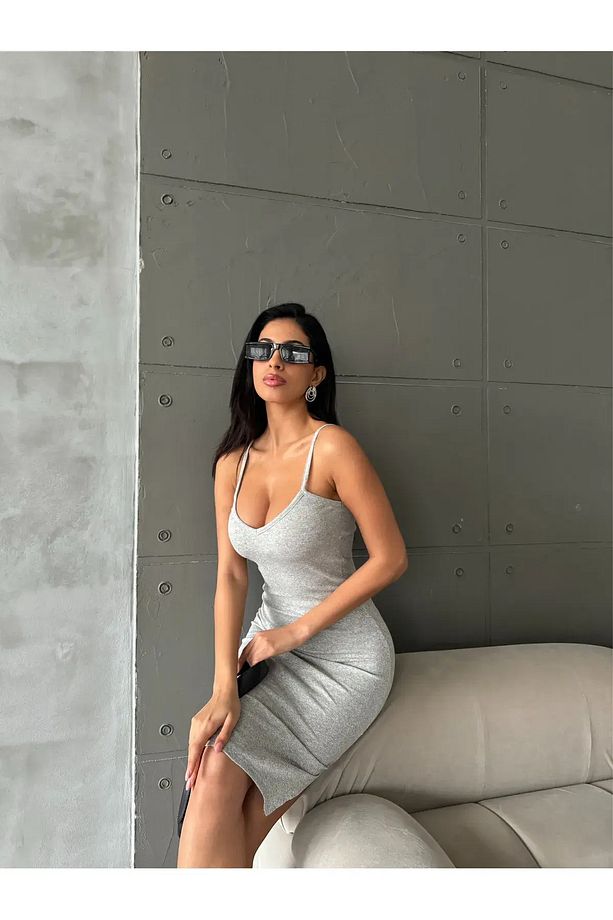 Kadın İp Askılı Yırtmaç Detaylı Kaşkorse Elbise - 5