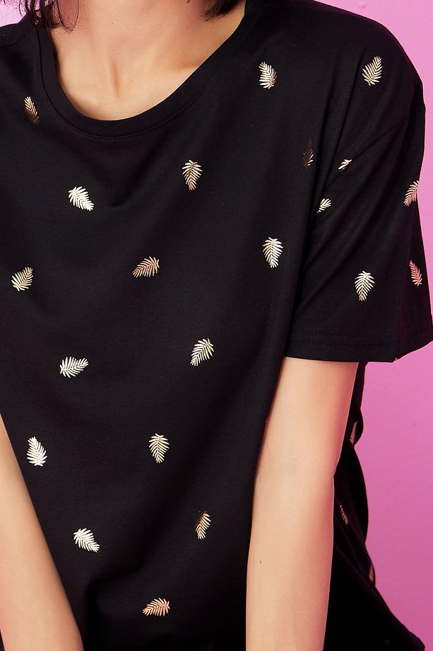 siyah yaprak Varak Baskılı Örme Pijama Takım7845 - 4
