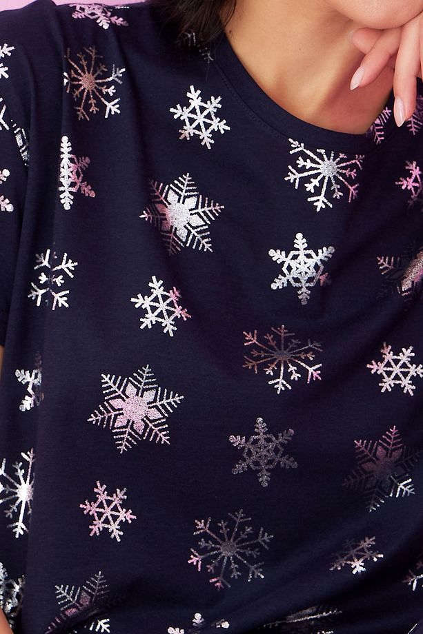 lacivert kar tanesi Varak Baskılı Örme Pijama Takım7845 - 5