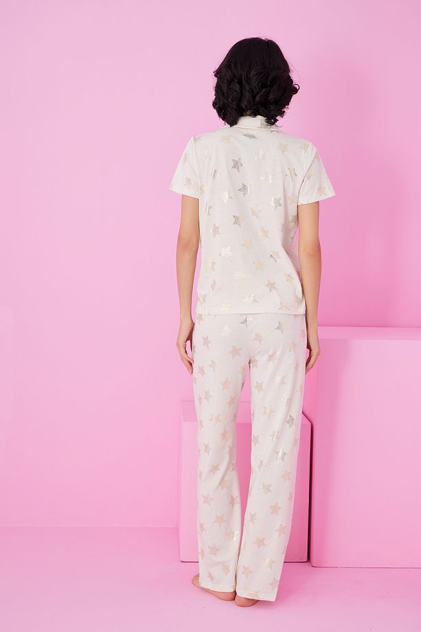 ekru yıldız Varak Baskılı Örme Düğmeli Pijama Takım7846 - 3