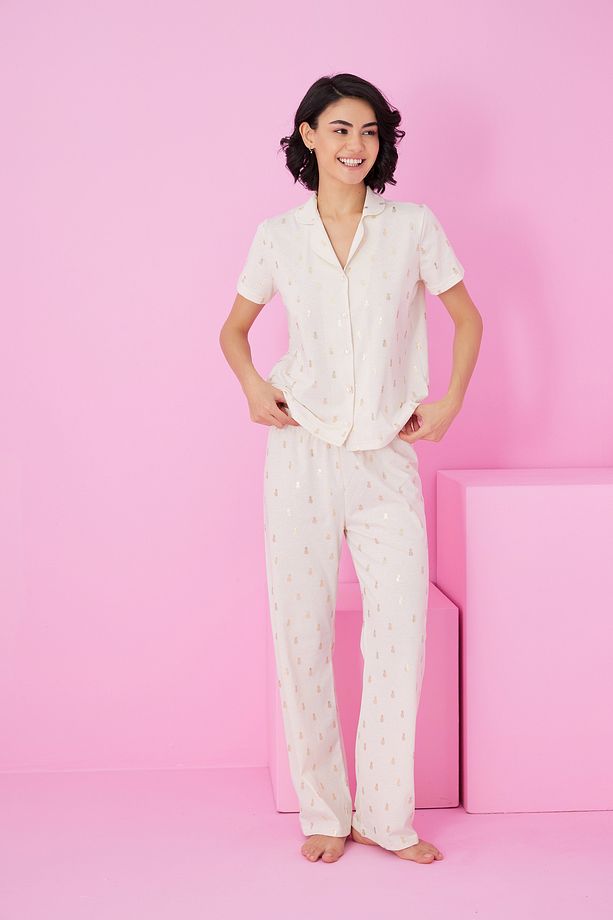 ekru ananas Varak Baskılı Örme Düğmeli Pijama Takım7846 - 2