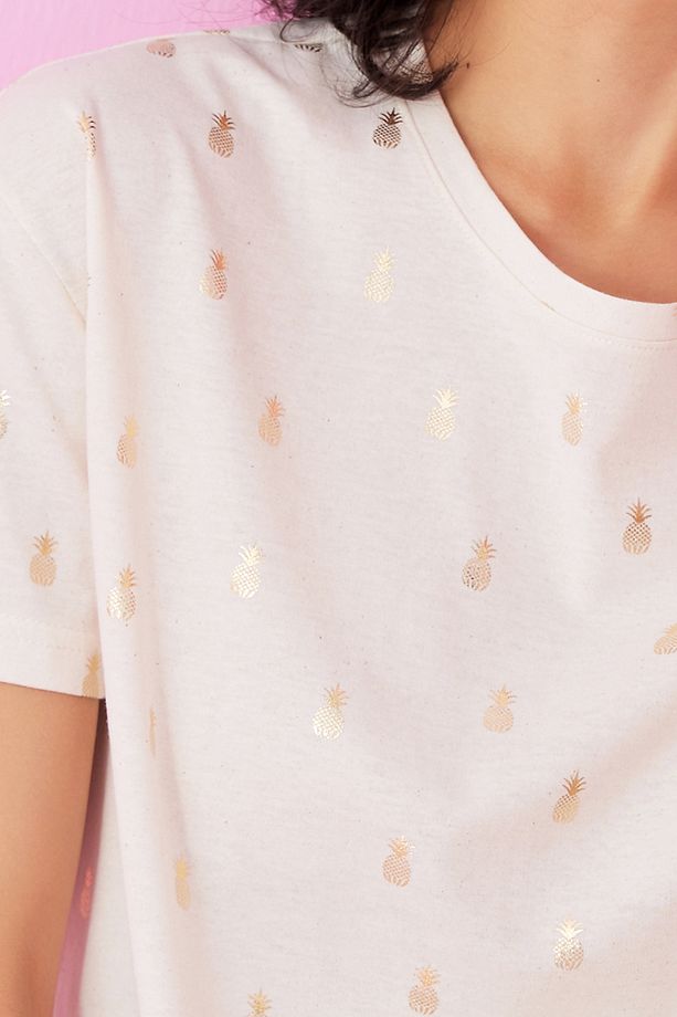 ekru ananas Varak Baskılı Örme Pijama Takım7845 - 4