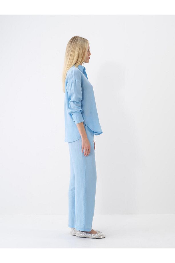 Kadın Mavi Regular Fit Keten Basic Pantolon - 3