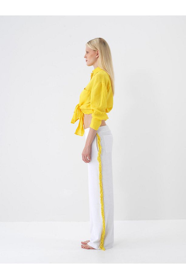 Kadın Sarı Oversize Keten Basic Gömlek - 4