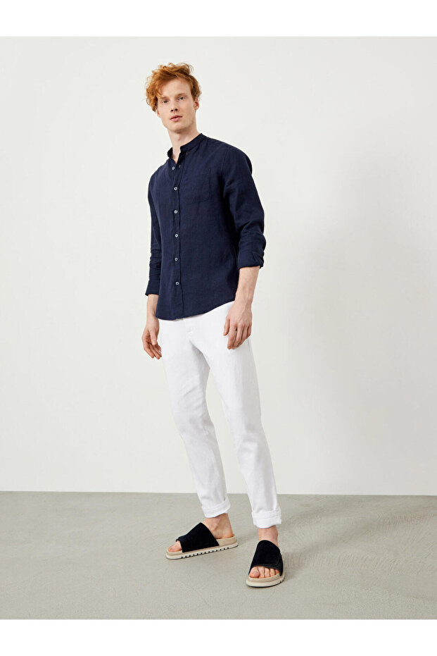 Erkek Lacivert Regular Fit Keten Basic Gömlek - 2