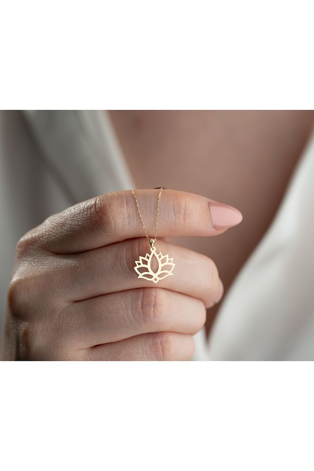 14 Ayar Altın Lotus Çiçeği Kolye Minimalist Hafif Kolye, 1,2 cm Genişlik - 6
