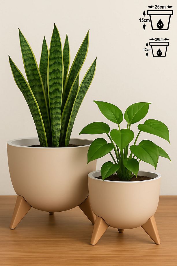2li Küre Saksı Seti 2 Boy Ayaklı Süzgeçli Plastik Çiçek Saksısı Set - 1