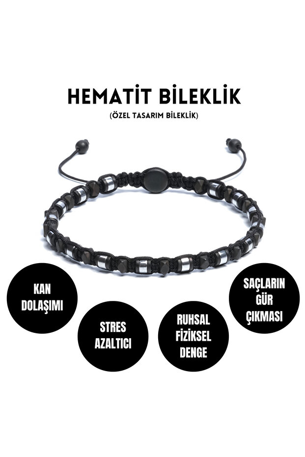 Hematite Bracelet - Iden Black Silver Bracelet - Design Bracelet 4mm Adjustable