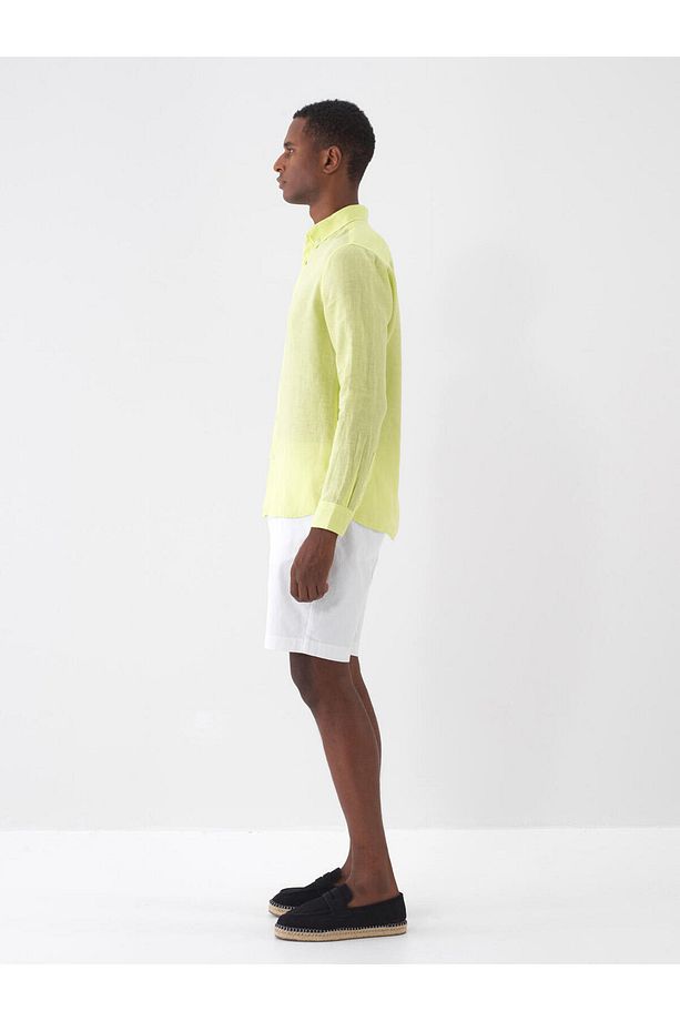 Erkek Yeşil Regular Fit Keten Basic Gömlek - 4