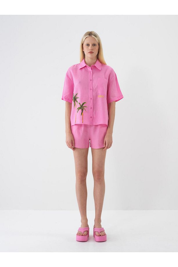 Kadın Pembe Oversize Keten Şort - 2