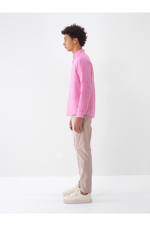 Erkek Pembe Regular Fit Keten Basic Gömlek - 4