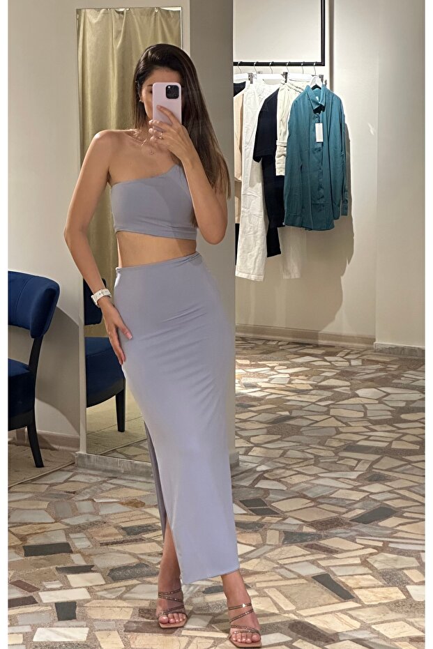 Kadın Lila Yırtmaçlı Uzun etekli ve Tek kollu crop Alt-Üst Takım - 1