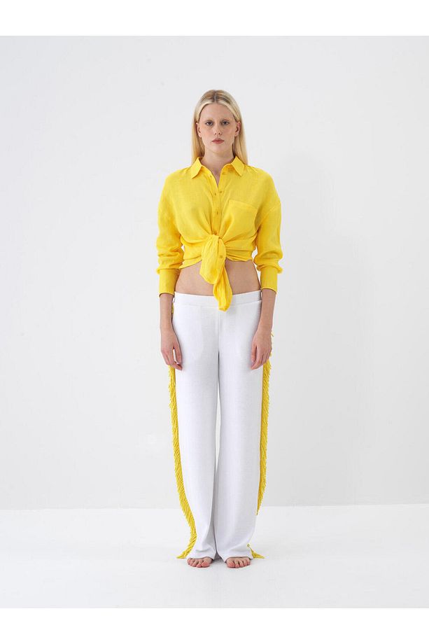 Kadın Sarı Oversize Keten Basic Gömlek - 2