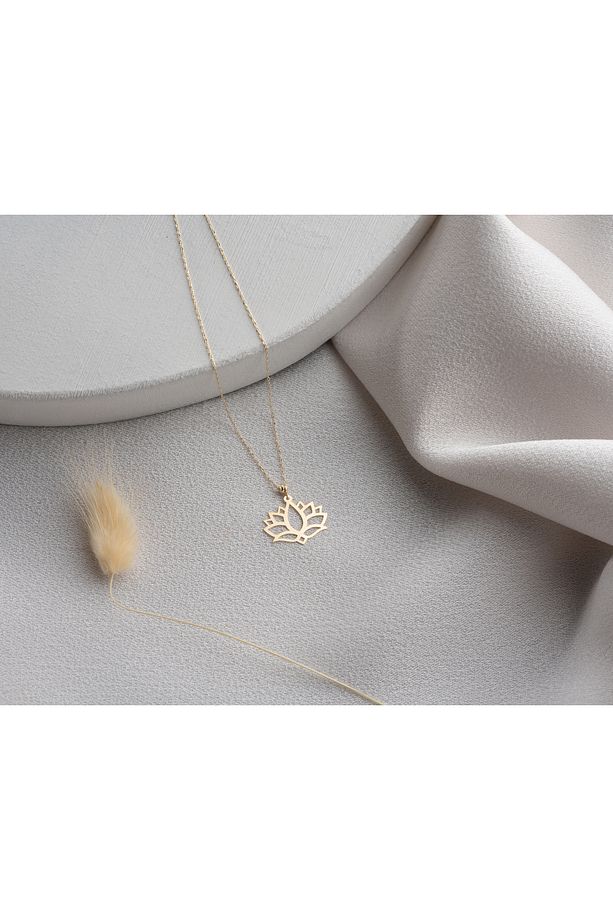 14 Ayar Altın Lotus Çiçeği Kolye Minimalist Hafif Kolye, 1,2 cm Genişlik - 1