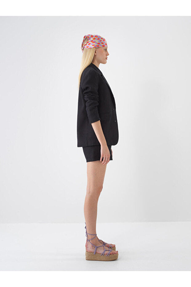 Women's Black Regular Fit Linen Basic Jacket - 2