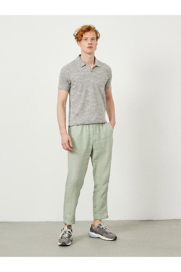 Erkek Mavi Regular Fit Keten Basic Pantolon - 3