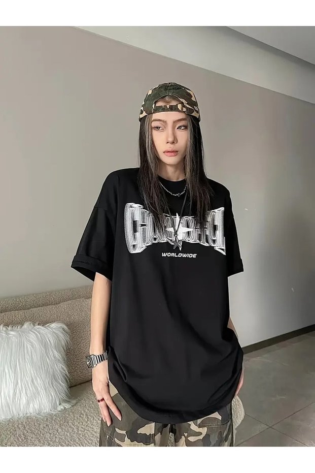 Star and Letter Printed Casual Loose T-Shirt, Crew Neck Short Sleeve Top for Spring and Summer, Women's Clothing